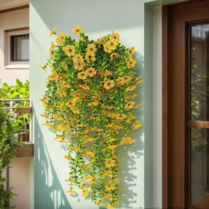 Artificial Fake Hanging Flowers Plants for Outdoor Spring Decoration,1 PCS Faux Silk Daisy with Eucalyptus Leaves,UV Resistant Look Real for Outside Home Indoor Planter Porch Patio Balcony Yard Decor