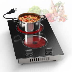2 Burner Electric Cooktop - 110v Countertop and Built-in Electric Stove 2000W, 12 Inch Ceramic Stove with Residual Heat Indicator, Over-Temperature Protection, Knob Control, 110-120V Plug in