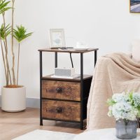 Night Stand Set 2, Nightstand with Charging Station, End Tables with Storage Shelf for Small Spaces, Bedside Table Side Tables with 2 Fabric Drawers for Bedroom, Rustic Brown, HETS020PBR - Image 2