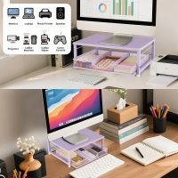 Small Pink Laptop Stand for Desk, Monitor Stand, Office Desk Accessories, Computer Desktop Stand with Drawer for Home, Office, School (Purple) - Image 2