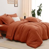 CozyLux Queen Comforter Set Burnt Orange Seersucker 7 Pieces Bed in a Bag Queen Comforter Set with Sheets Terracotta Luxury Bedding Set with Down Alternative Comforter, Sheets, Pillowcases & Shams - Image 7