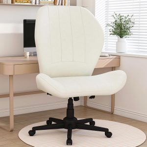 Criss Cross Chair with Wheels, Wide Cross Legged Office Chair Armless Comfy Desk Chair with Tall Back Vanity Chairs with Stress Relief Curved Design Seat for Bedroom & Office & Home Ivory White