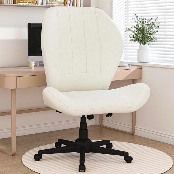 Criss Cross Chair with Wheels, Wide Cross Legged Office Chair Armless Comfy Desk Chair with Tall Back Vanity Chairs with Stress Relief Curved Design Seat for Bedroom & Office & Home Ivory White