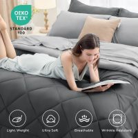 HEVUMYI Queen Comforter Set - 7-Piece All Season Bed in a Bag Queen, Ultra Soft Bedding Set with Comforter, Flat Sheet, Fitted Sheet, Pillowcases, Pillow Shams, Dark Grey & Light Grey - Image 3