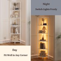 Furnulem 6 Tier Corner Shelf with LED Light, 67.5” Tall Standing Shelf Organizer, White Narrow Bookshelf with Storage Rack for Wall Corner, Living Room, Bedroom, Metal Frame, Wood Display Shelf - Image 6