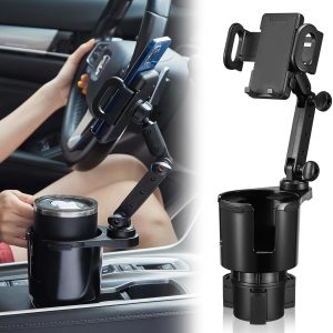 Cup Holder Phone Mount, 2 in 1 Cup Holder Expander for Car Long Arm with 360°Rotation Cup Holder Cell Phone Holder for Car Compatible with All Smartphones