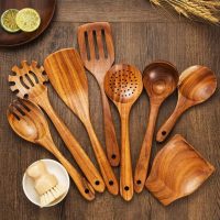 Eco-Friendly Wooden Kitchen Utensil Set – 11-Piece Olive, Teak & Acacia Wood Cooking Tools with Holder & Canvas Bag – Includes Slotted Spoon, Ladle, Spaghetti Server, Flat & Slotted Spatulas, Spoon - Image 3