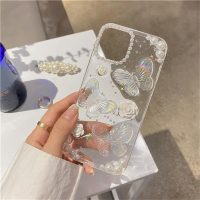 Fycyko Compatible with iPhone 14/13 Butterfly Floral Clear with Design Aesthetic Women Teen Girls Glitter Pretty Crystal Sparkle Sparkly Cute Girly Phone Cases Protective Cover+Chain-Clear - Image 2