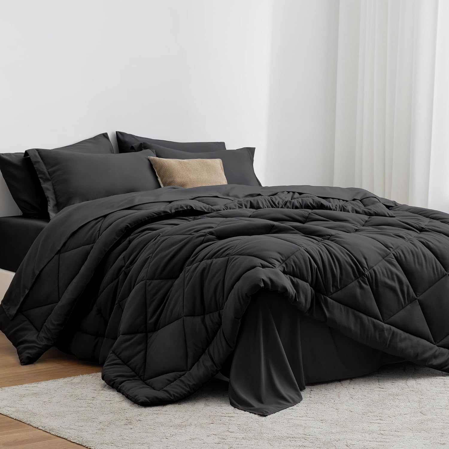 Love’s cabin Full Comforter Set Black, 7 Pieces Full Bed in a Bag, All Season Full Bedding Sets with 1 Comforter, 1 Flat Sheet, 1 Fitted Sheet, 2 Pillowcase and 2 Pillow Sham