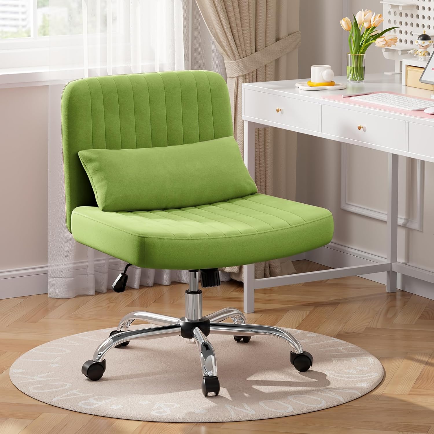 Warmiehomy Velvet Cross Legged Office Chair, Comfy Desk Chair for Home Office, Criss Cross Chair with Wheels, Height Adjustable Vanity Chair, Swivel Wide Seat Computer Chair Gift, Light Green