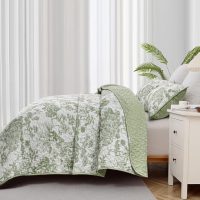 WONGS BEDDING Botanical Quilt Set Queen Size, Sage Green 3 Pieces Toile Floral Plants Printed Bedspread Bedding Set Soft Lightweight Microfiber Coverlet Set for All Season (96"x90") - Image 4