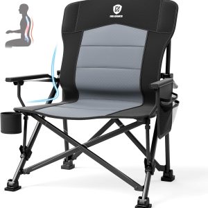 EVER ADVANCED Oversized Folding Camping Chair for Adults with Adjustable Lumbar Support, Heavy Duty Chair with Side Pockets, Portable Collapsible Quad Chair for Outside