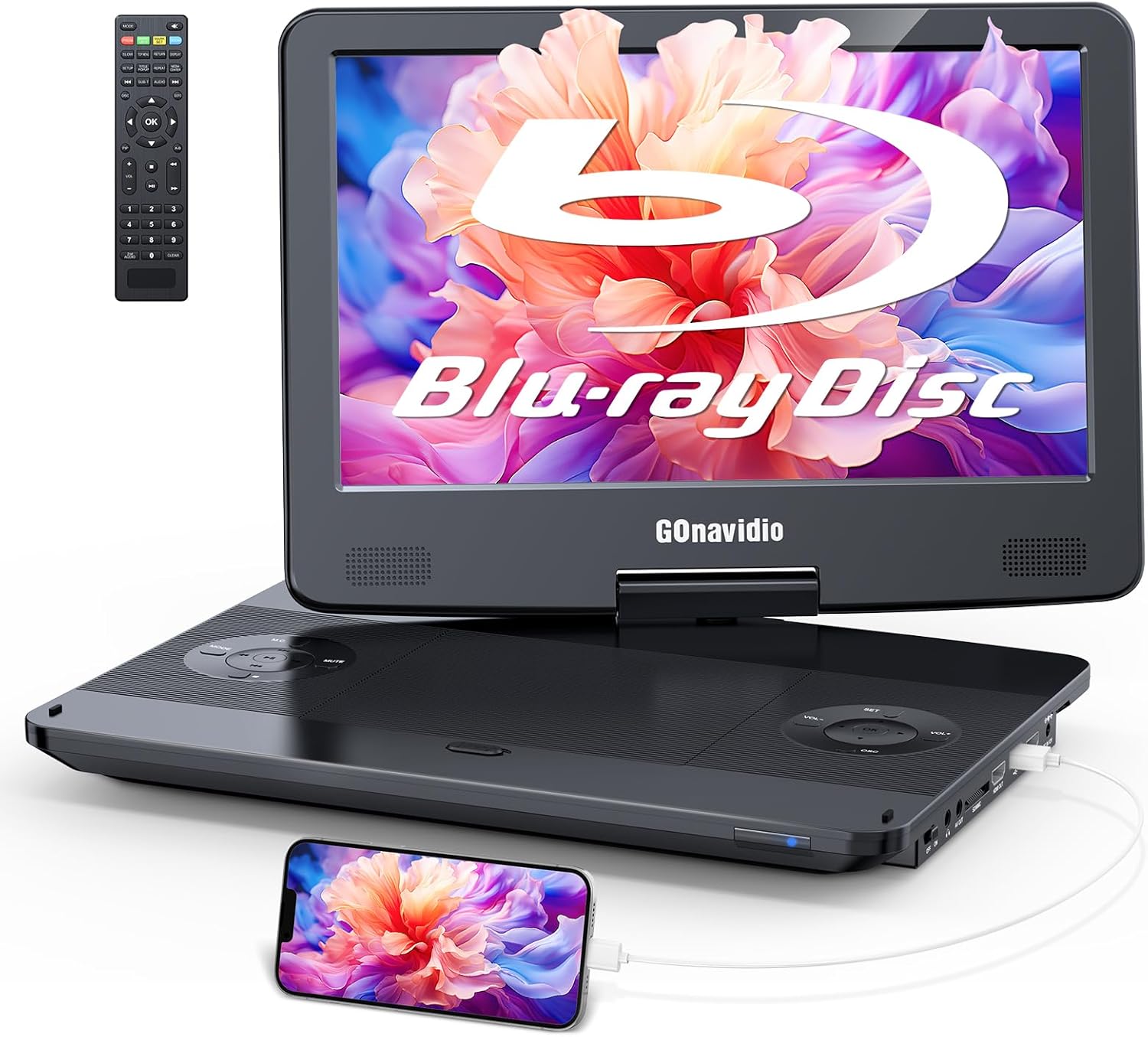 15.6″ Portable Blu Ray Player with 13.3” 1080P Screen Rechargeable Battery Support HDMI Input & HDMI Output, Sync Screen, AV Out & in, Dolby Audio, Last Memory, USB/SD Card (Black)