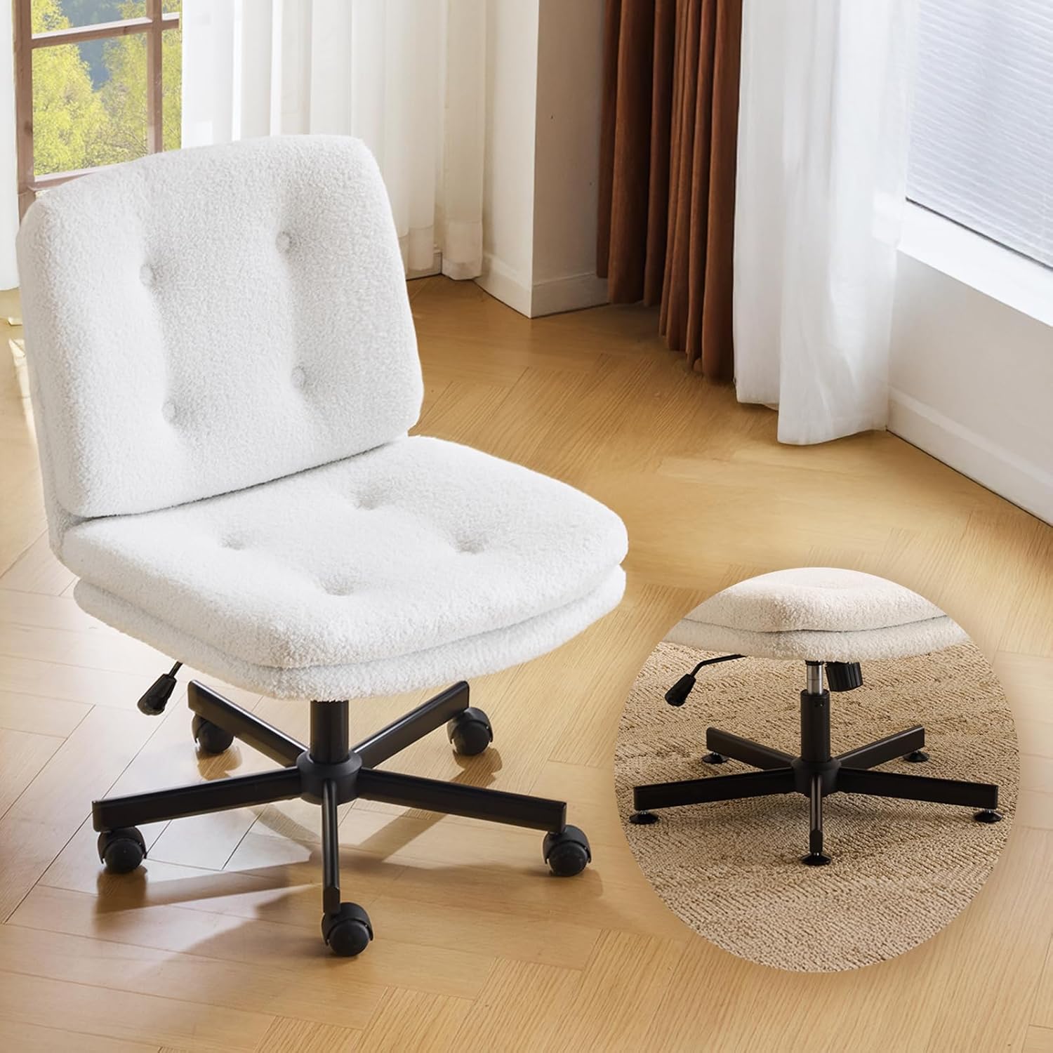 VINGLI Swivel Armless Criss Cross Chair with Dual-Use Wheels,Adjustable Height Cross-Legged Office Desk Chair, Vanity Chair, Rolling Computer Chair for Home,Teddy Fleece Beige