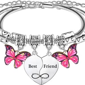 2PCs Best Friend Heart Matching Bracelet Friendship Gifts for Women Butterfly Charm Bracelet for Friends Bestie Birthday Gift Idea