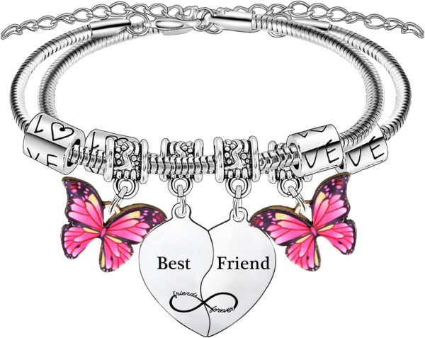 2PCs Best Friend Heart Matching Bracelet Friendship Gifts for Women Butterfly Charm Bracelet for Friends Bestie Birthday Gift Idea