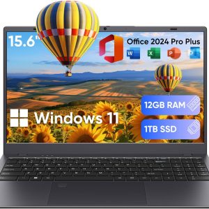 Laptop, 12GB LPDDR5 RAM 1TB SSD, Quad-Core N95 Processor Up to 3.4GHz, 15.6" FHD IPS Display, Office Pro Plus 2024, WiFi 5, Laptop Computer with Fingerprint for Students and Business, Gray