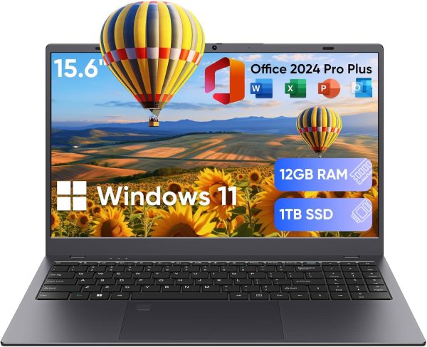Laptop, 12GB LPDDR5 RAM 1TB SSD, Quad-Core N95 Processor Up to 3.4GHz, 15.6" FHD IPS Display, Office Pro Plus 2024, WiFi 5, Laptop Computer with Fingerprint for Students and Business, Gray