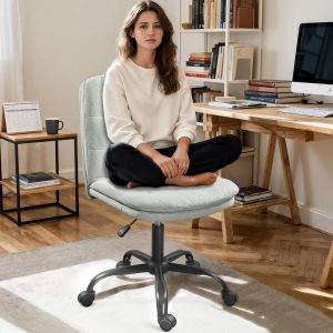Home Office Desk Chair Comfy - Armless Criss Cross Chair with Wheels Vanity Chair Office Chairs Rolling Swivel Height Adjustable for Adults - Light Grey