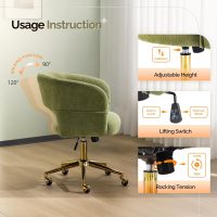 VINGLI Modern Curved Office & Vanity Desk Chair, Cute Upholstered Nail Chair with Wheels & 360° Swivel & Club & Tilting & Gold Base, for Bedroom, Living Room, Makeup, Velvet Chenille, Green - Image 7