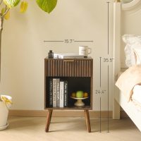 Mid Century Modern Nightstand, Wood Bedside Table with Drawer and Opening Storage, End Table Living Room Fluted Night Stand with Solid Wood Legs for Bedroom (Rustic Brown) - Image 3