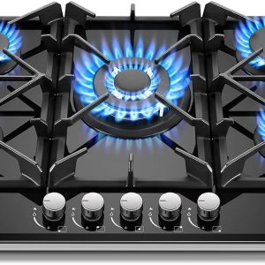 Gas Cooktop 30 Inch, Amzgachfktch 5 Burners Gas Stove, Built-in NG/LPG Convertible Gas Stove Top, Black Tempered Glass Propane Cooktop with Thermocouple Protection