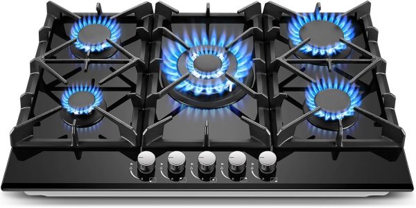 Gas Cooktop 30 Inch, Amzgachfktch 5 Burners Gas Stove, Built-in NG/LPG Convertible Gas Stove Top, Black Tempered Glass Propane Cooktop with Thermocouple Protection