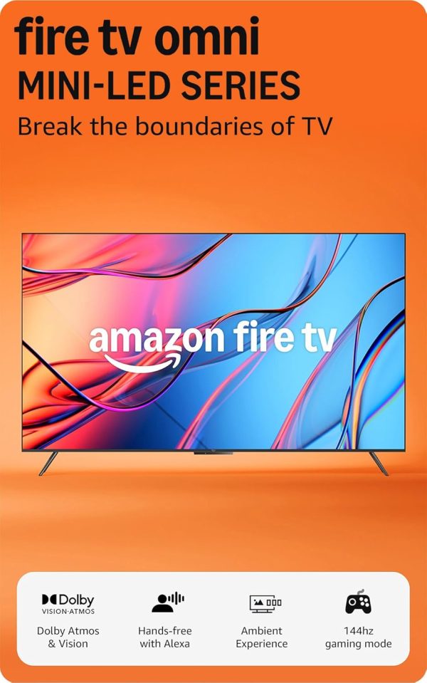 Amazon Fire TV 65" Omni Mini-LED Series, QLED 4K UHD smart TV, Dolby Vision IQ, 144hz gaming mode, Ambient Experience, hands-free with Alexa, 2024 release
