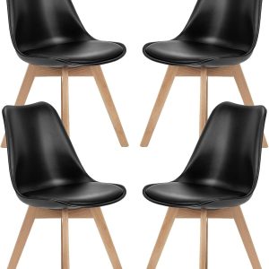 Sweetcrispy Dining Chairs Set of 4, Kitchen Room PU Leather Mid Century Modern Chairs, Upholstered Dining Chair with Wood Legs for Home Kitchen, Black