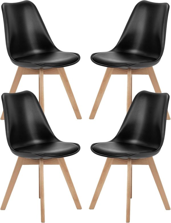 Sweetcrispy Dining Chairs Set of 4, Kitchen Room PU Leather Mid Century Modern Chairs, Upholstered Dining Chair with Wood Legs for Home Kitchen, Black