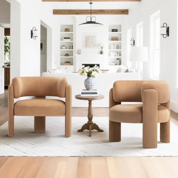 COLAMY Modern Velvet Accent Chairs Set of 2, Upholstered Barrel Chairs, Comfy Side Arm Chairs with 3 Legs for Living Room, Bedroom, Reading, Khaki
