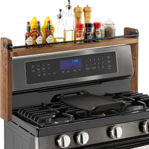 MyGift 33 Inch Stove Top Spice Rack - Deluxe Rustic Burnt Solid Wood and Industrial Black Metal Space Saving Over The Stovetop Range Storage Display Shelf