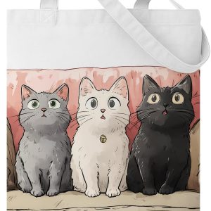 Cartoon Fluffy Three Kittens Print Canvas Tote Bag Cute Gifts for Women Fashion Reusable Grocery Shoulder Bag for Shopping Work Travel Daily life