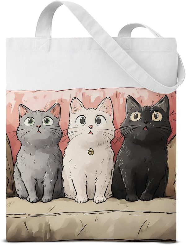 Cartoon Fluffy Three Kittens Print Canvas Tote Bag Cute Gifts for Women Fashion Reusable Grocery Shoulder Bag for Shopping Work Travel Daily life