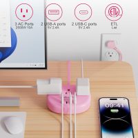Pink Extension Cord with Surge Protected 1080J - 5 FT Flat Extension Cord, 1625W Cute Extension Cord with 3 AC Outlet 4 USB (24W/4.8A), Compact for Cute Pink Kawaii Desk Home Essentials - Image 2
