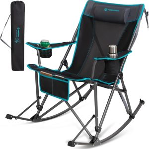 FUNDANGO Rocking Camping Chair, High Mesh Back Portable Folding Camp Chairs with Pillows, Cup Holder and Carry Bag for Lawn Patio Garden Outdoor Supports 300 Lbs (Black/Blue)