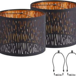 Black Lampshades Set of 2, Drum Lamp shade with Hollow-carved Design, 12.7" x 12.7" x 10 Inches Lampshades for Table Lamp, Floor Lamp, Pendant Light, Lamp Shade Harp Holder Included