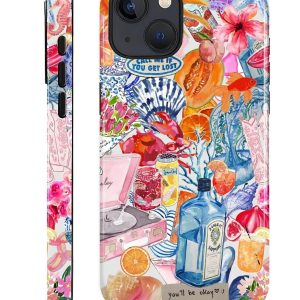 Compatible with iPhone 14 13 Case - Hybrid Heavy Duty 2 in 1 Full Body Rugged Shockproof Protection Glossy Case for iPhone 14 13 - Coastal and Fruity Summer Collage
