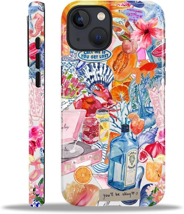 Compatible with iPhone 14 13 Case - Hybrid Heavy Duty 2 in 1 Full Body Rugged Shockproof Protection Glossy Case for iPhone 14 13 - Coastal and Fruity Summer Collage