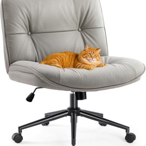 Sweetcrispy Criss Cross Armless Office Chair - PU Leather Adjustable Swivel Wide Seat with Thick Padding, Ergonomic Rolling Computer Desk Task Chair for Modern Vanity & Makeup with Wheels