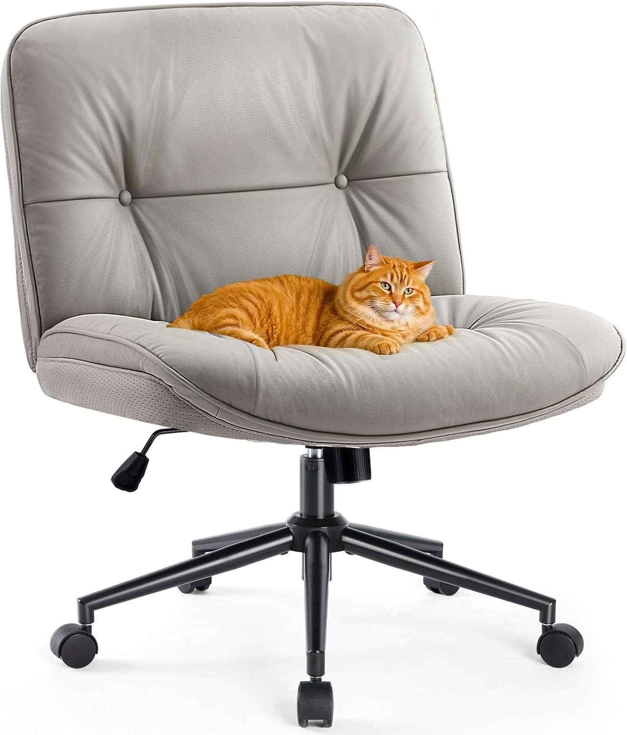 Sweetcrispy Criss Cross Armless Office Chair – PU Leather Adjustable Swivel Wide Seat with Thick Padding, Ergonomic Rolling Computer Desk Task Chair for Modern Vanity & Makeup with Wheels