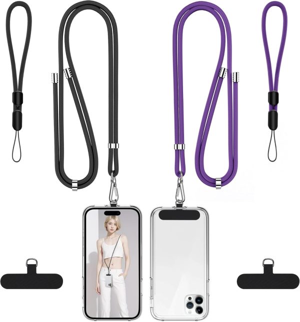 takyu Phone Lanyard, 2 Pack Adjustable Cell Phone Lanyard Crossbody Neck Strap & 2 Pack Wrist Strap with Tether Tabs Compatible for iPhone Android Smartphones- DarkPule Black