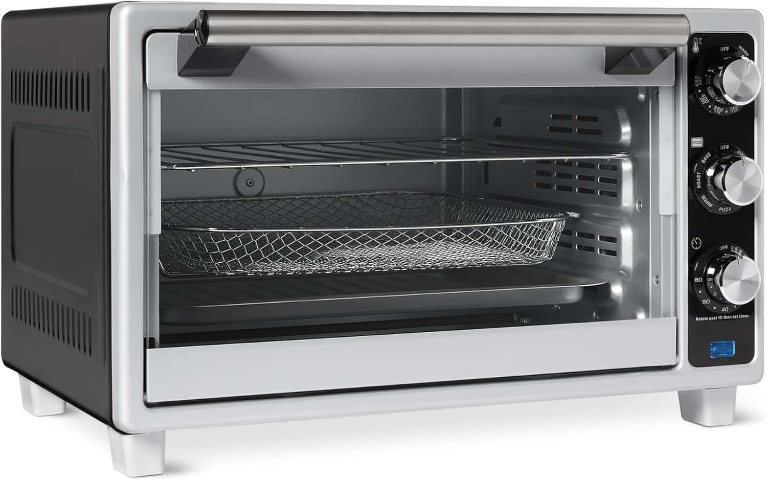 Amazon Basics 6-Slice 23-QT Toaster Oven with Built-In Air Fryer, 7-In-1 Cooking Options, 60-Min Timer & Adjustable Temperature (200℉ – 450℉), With Accessories, 1500W, Stainless Steel, Silver/Gray
