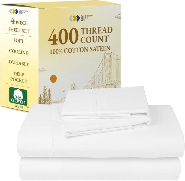 California Design Den Queen Sheet Set - Soft 400 Thread Count Sateen, Natural 100% Cotton Sheets, Deep Pockets with All Around Elastic for a Snug Fit, Cool & Durable Bedding Set - Antique White