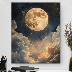 Aesthetic Celestial Moon Wall Art Decor Night Sky Moon Dark Academia Canvas Print Poster Framed Picture Painting for Home Living Room Bedroom Wall Decor 8x10 Inches
