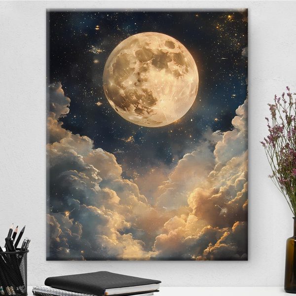 Aesthetic Celestial Moon Wall Art Decor Night Sky Moon Dark Academia Canvas Print Poster Framed Picture Painting for Home Living Room Bedroom Wall Decor 8x10 Inches