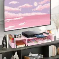 Desk Dual Monitor Stand Riser - Wood Desk Organizer with Drawer and Pen Holders, Office Desk Accessories & Workspace Organization, Computer Monitor Stand for Laptop Printer, Girl Pink - Image 7
