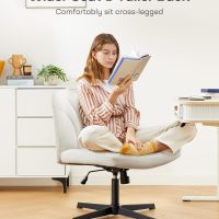 Marsail Cross Legged Office Chair: PU Leather Criss Cross Desk Chair Wide Armless Desk Chair Swivel Height Adjustable Vanity Chair for Make Up,Small Space,Bed Room(Beige) - Image 3