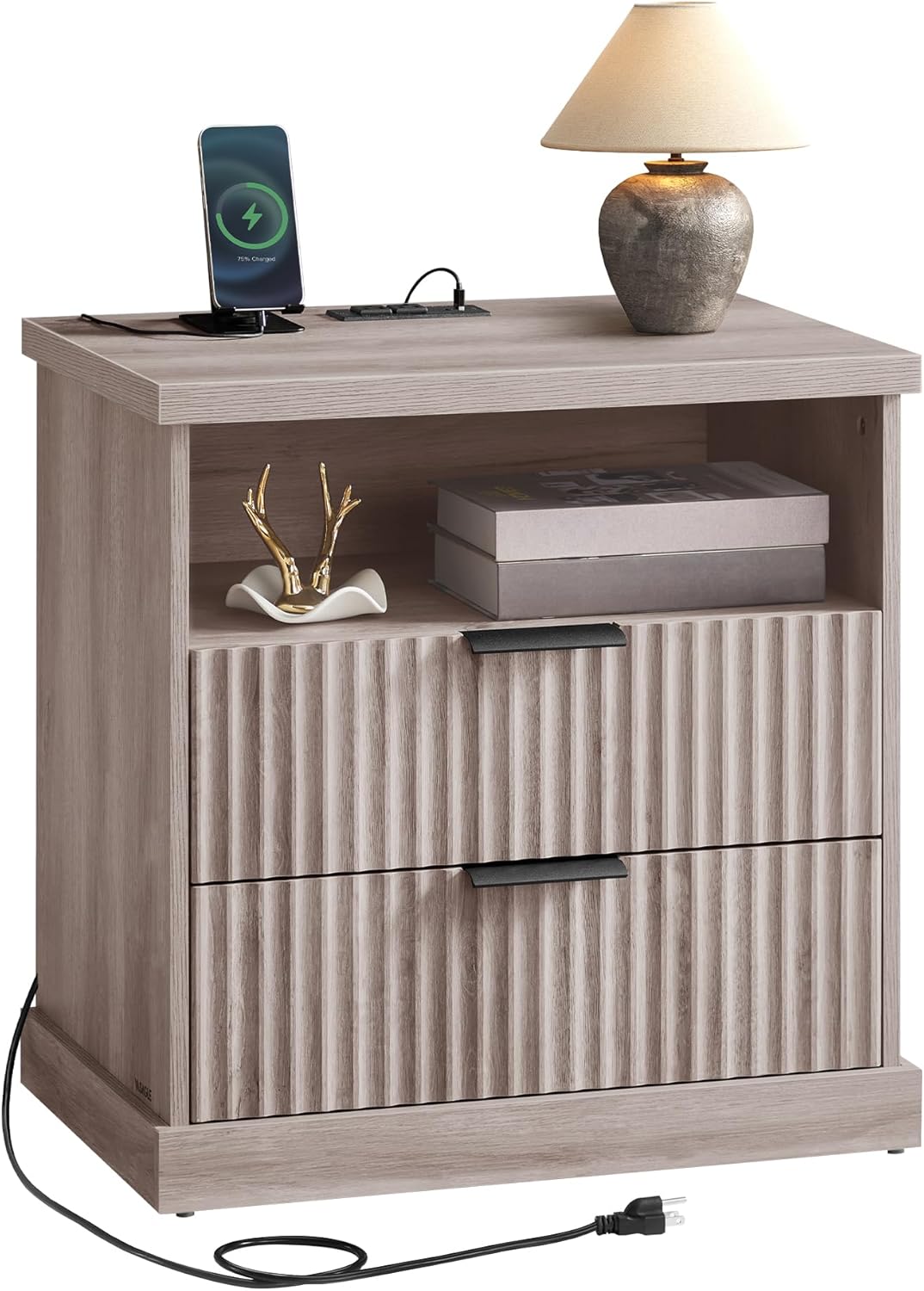VASAGLE MAXE Collection – Nightstand with Charging Station, Bedside Table, Side End Table with 2 Drawers, Open Shelf, 2 AC Outlets, 2 USB Ports, Transitional, for Bedroom, Washed Gray ULET626G01S
