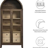 Modway Nolan Modern Farmhouse 71 Inch Tall Arched Storage Display Cabinet in Walnut Hickory Wood Grain - 4-Tier Bookcase with Glass Doors and Shelves - Arch Accent Cabinet for Living Room - Image 3